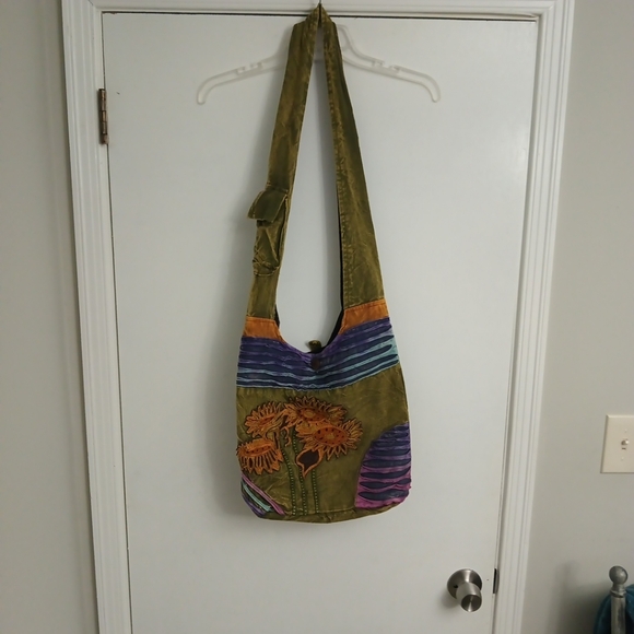 Olive Green Embroidered Crossbody Bag with Floral Appliqué - Picture 2 of 10